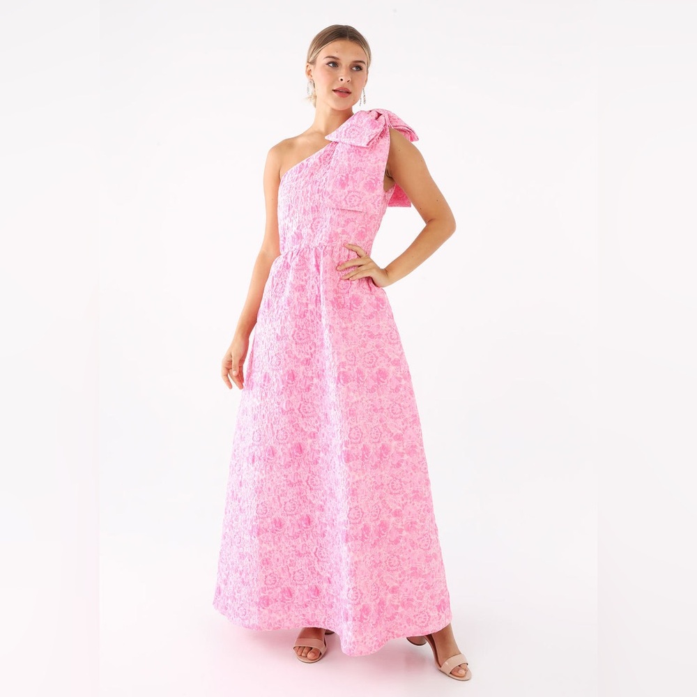 Abbey Glass Caroline Bubblegum Pink One Shoulder Formal Gown Jacquard Large NWT